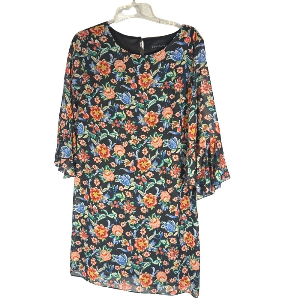Danilo Boutique Floral Chiffon Shift Dress in Black Multicolor Bloom‎ size 16
